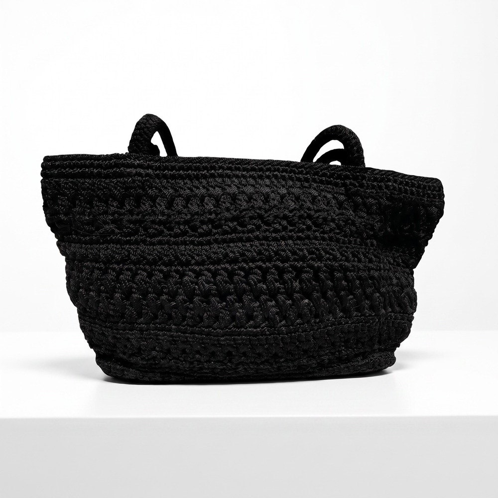 The Sak Black Crochet Shoulder Bag Woven Knit Tote Zip Top Boho Purse 90's Y2K